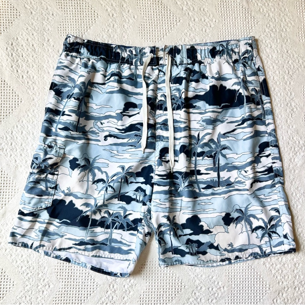 Newport Blue Swim Trunks Shorts Mens XL Palm Tree Tropical AOP Drawstring Lined